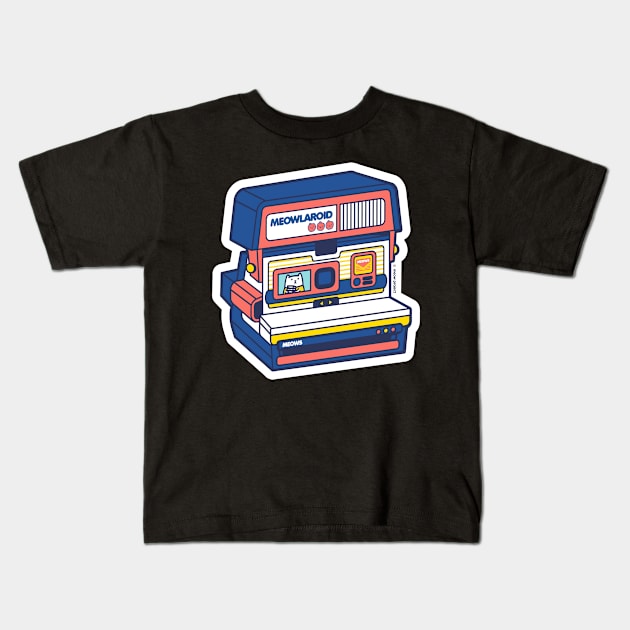 Red and Blue Instant Camera Cat Kids T-Shirt by meowproject